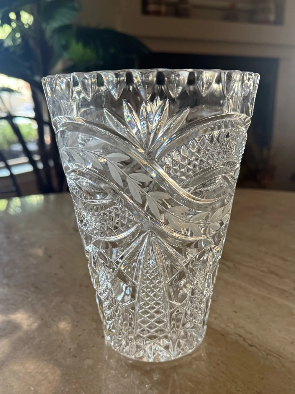 Pressed Cut Crystal Tall Vase - Clear Glass